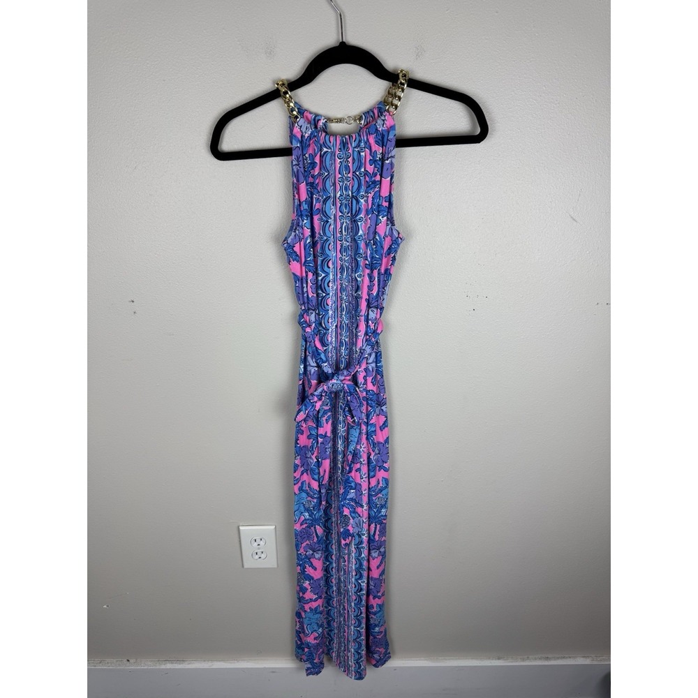 Lilly Pulitzer Bingham Chain Halter Midi Dress Size XS Soleil Pink Palm Paradise